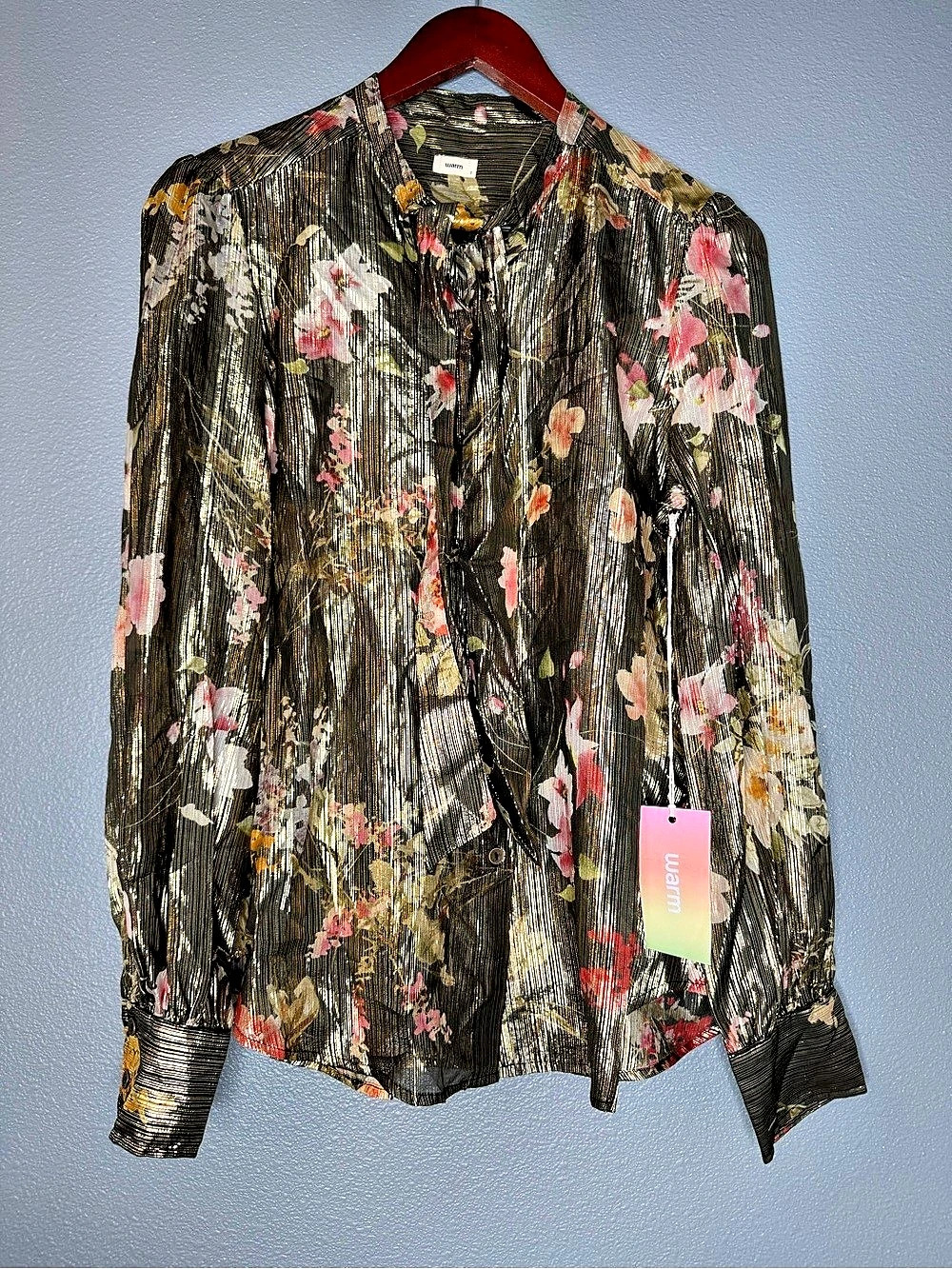 Warm Wonderful Silk Metallic Floral Tie Neck Blouse Size 3 Gold NWT